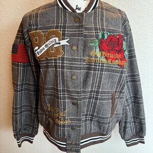 NWT  Med Rodeo Quincy Gray Plaid Guts And Grit Bomber Jacket